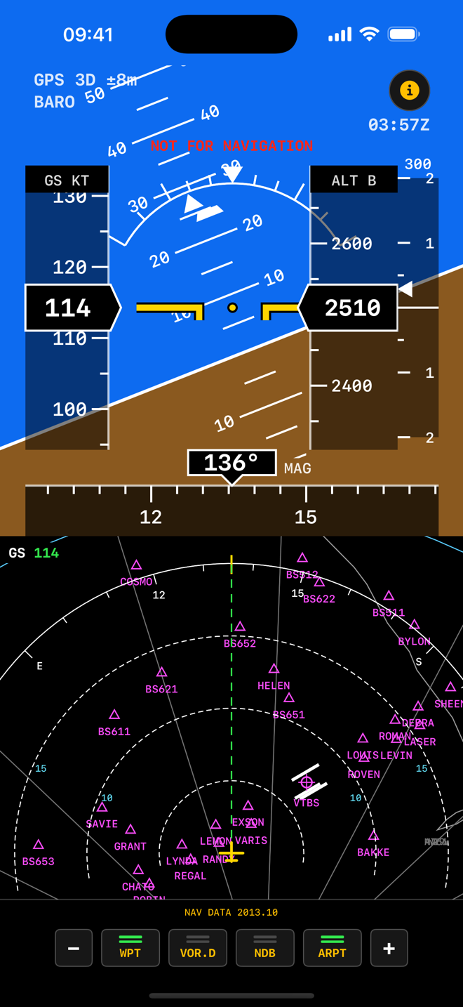 Flight Display Pro on iPhone: the flight display above the navigation display